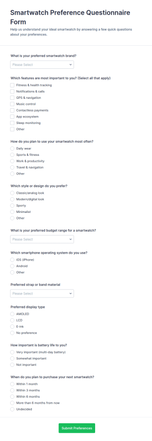 Smartwatch Preference Questionnaire Form Template