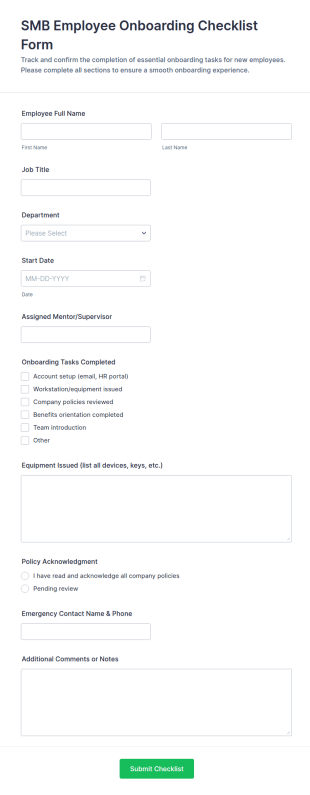 SMB Employee Onboarding Checklist Form Template