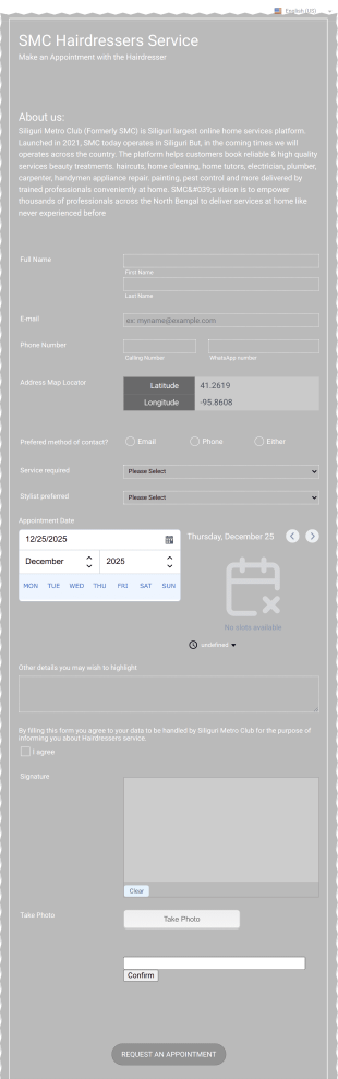 SMC Hairdressers Booking Form Template
