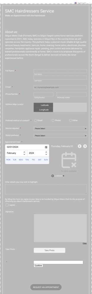 SMC Hairdressers Booking Form Template