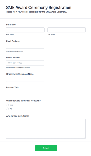 SME Award Ceremony Registration Form Template