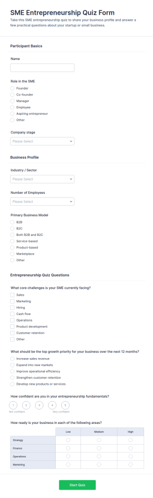SME Entrepreneurship Quiz Form Template