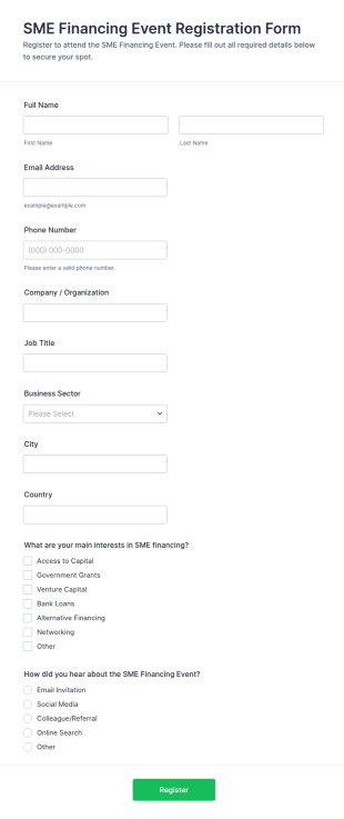 SME Financing Event Registration Form Template