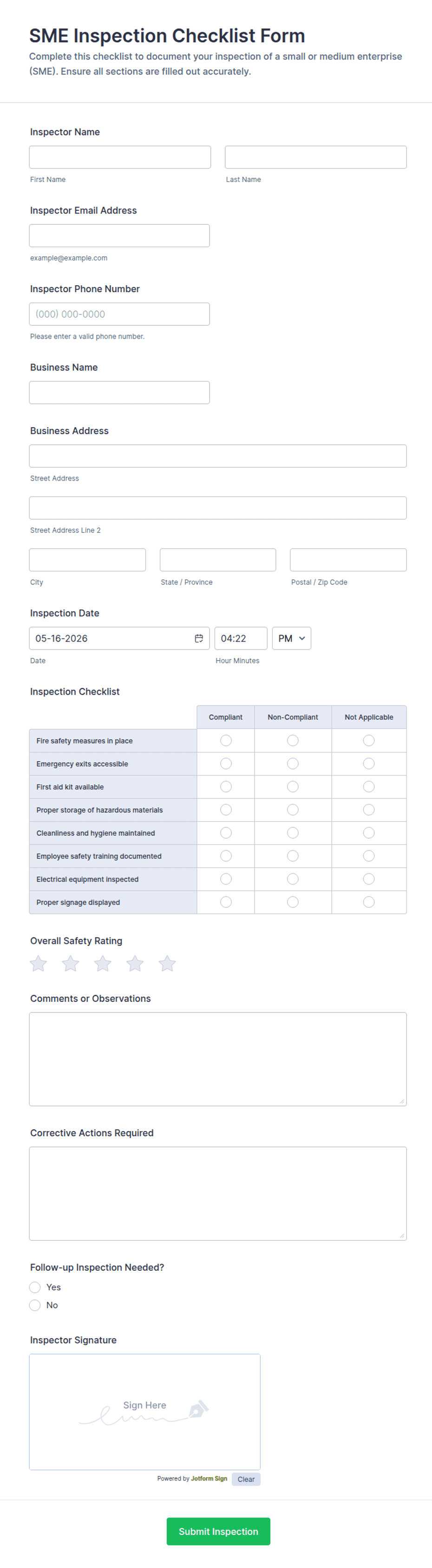 SME Inspection Checklist Form Template | Jotform