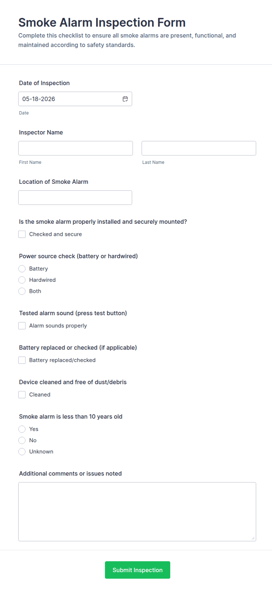 Smoke Alarm Inspection Checklist Form Template | Jotform