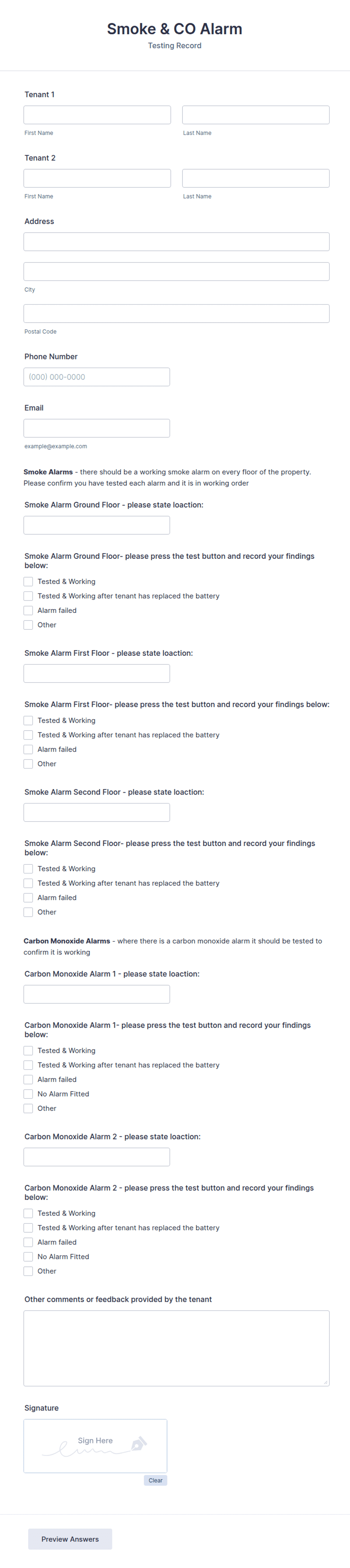 Residential Alarm Safety Inspection Tenant Verification Form Template ...
