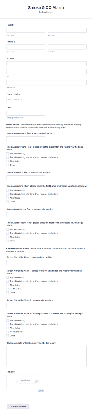 Residential Alarm Safety Inspection Tenant Verification Form Template