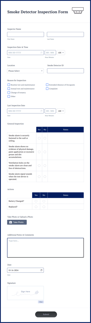 Smoke Detector Inspection Form Form Template
