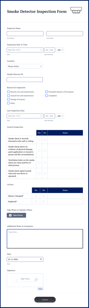 Smoke Detector Inspection Form Form Template