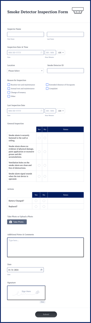 Smoke Detector Inspection Form  Form Template