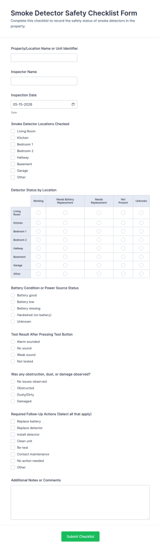 Smoke Detector Safety Checklist Form Template