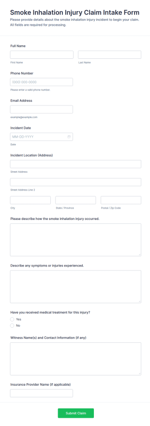 Smoke Inhalation Injury Claim Intake Form Template
