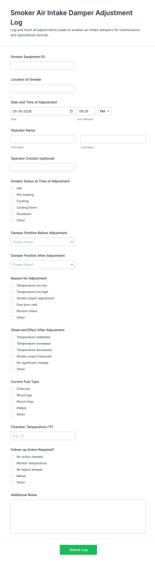 Smoker Air Intake Damper Adjustment Log Form Template