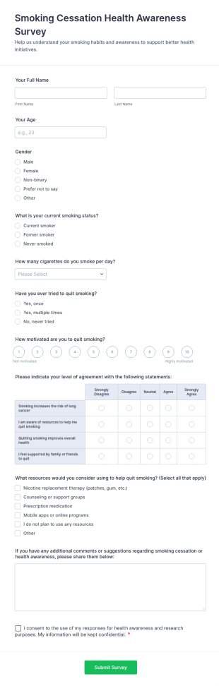 Smoking Cessation Health Awareness Survey Form Template