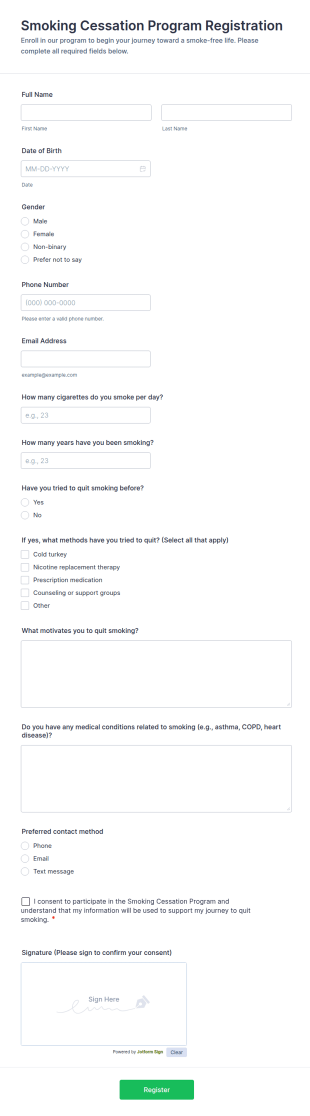 Smoking Cessation Program Registration Form Template