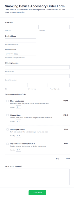 Smoking Device Accessory Order Form Template