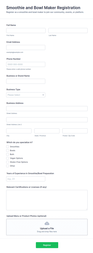 Smoothie And Bowl Maker Registration Form Template