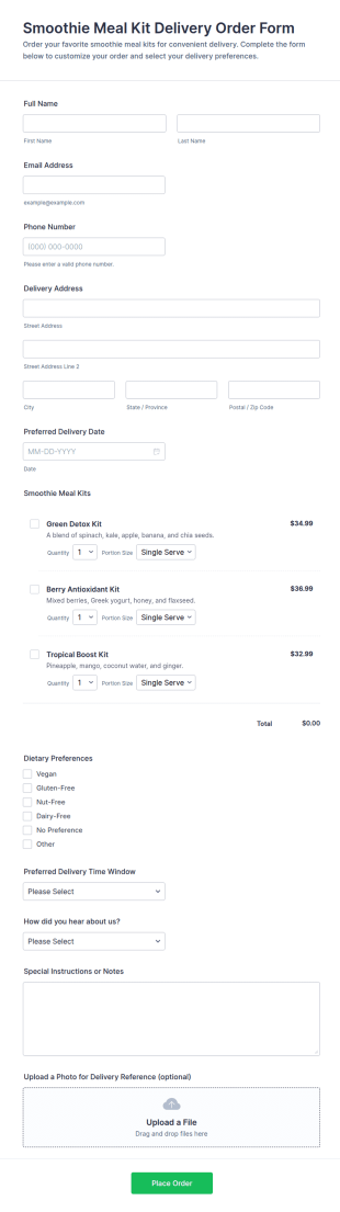 Smoothie Meal Kit Delivery Order Form Template