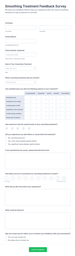 Smoothing Treatment Feedback Survey Form Template