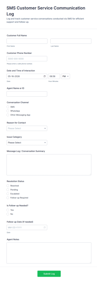 SMS Customer Service Communication Log Form Template