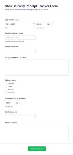 SMS Delivery Receipt Tracker Form Template