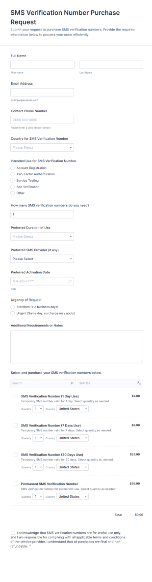 SMS Verification Number Purchase Request Form Template