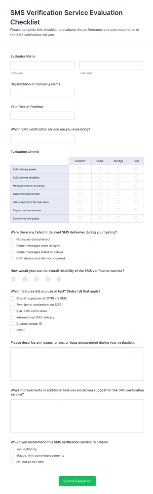 SMS Verification Service Evaluation Checklist Form Template