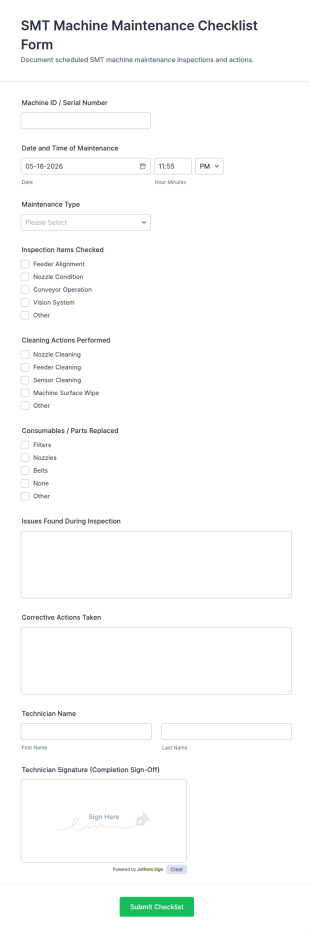 SMT Machine Maintenance Checklist Form Template