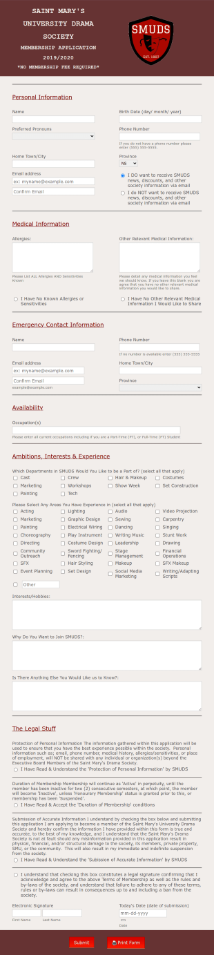 Drama Society Membership Application Form Template