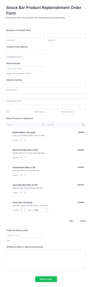 Snack Bar Product Replenishment Order Form Template