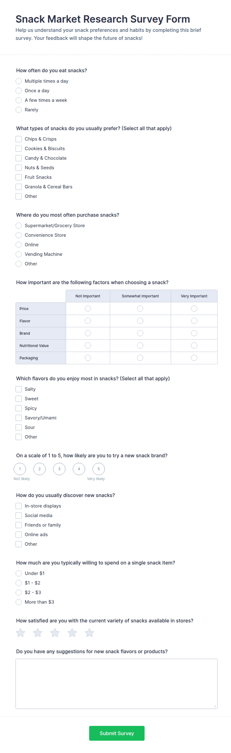 Market Study Questionnaire Snack Market Research Survey Form Template | Jotform