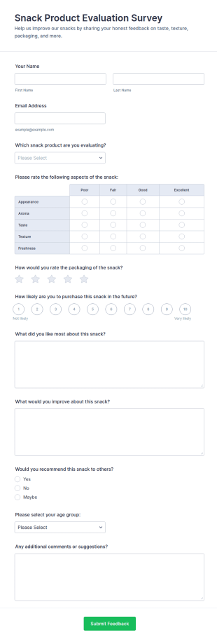 Snack Product Evaluation Survey Form Template