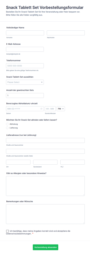 Snack Tablett Set Vorbestellungsformular