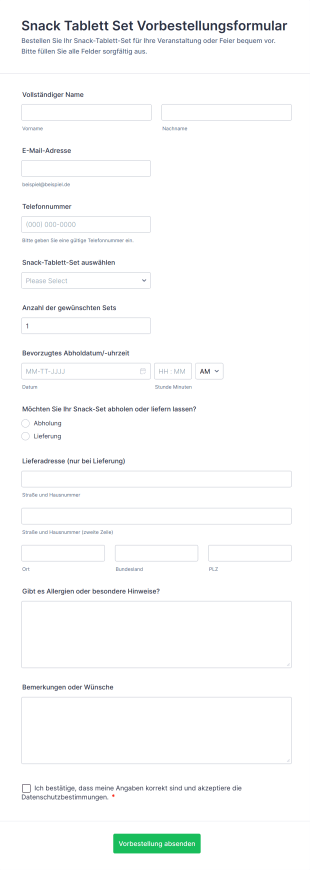 Snack Tablett Set Vorbestellungsformular