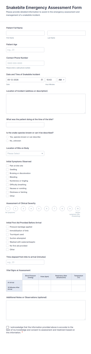 Snakebite Emergency Assessment Form Template