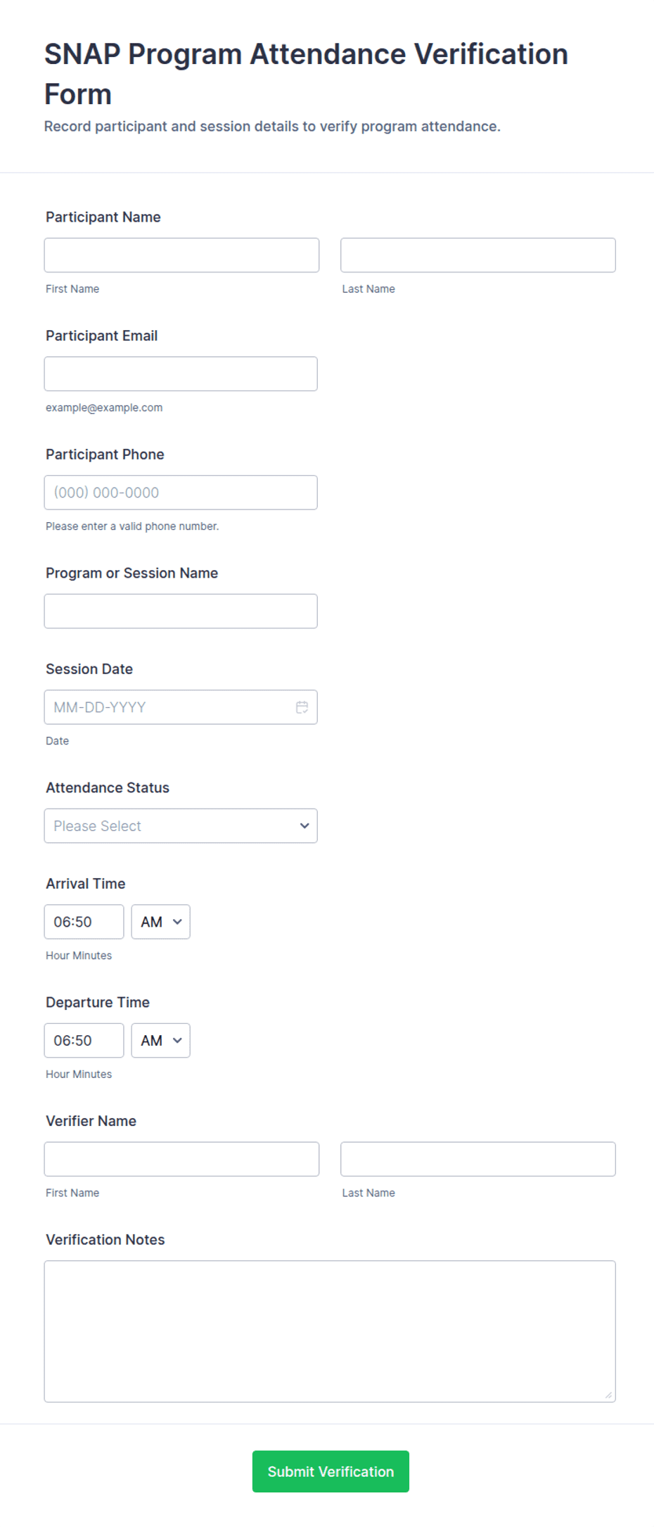 SNAP Program Attendance Verification Form Template | Jotform