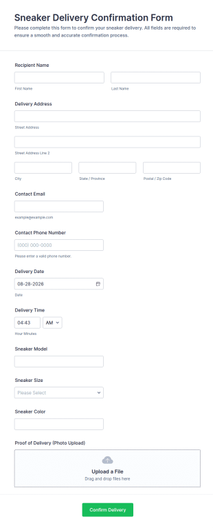 Sneaker Delivery Confirmation Form Template