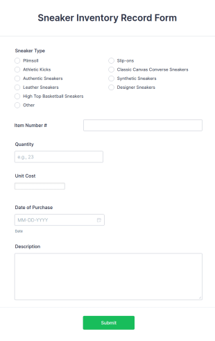 Sneaker Inventory Record Form Template