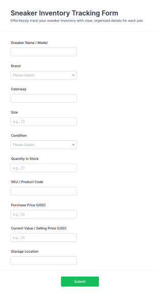 Sneaker Inventory Tracking Form Template