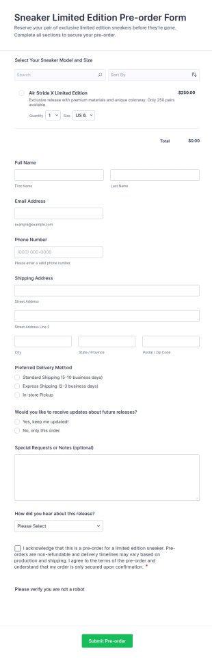 Sneaker Limited Edition Pre Order Form Template