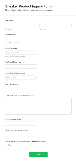 Sneaker Product Inquiry Form Template