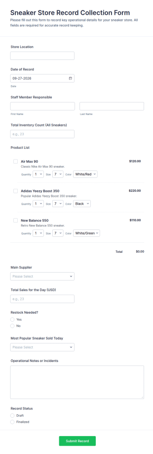 Sneaker Store Record Collection Form Template
