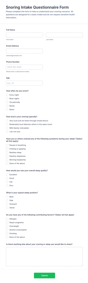 Snoring Intake Questionnaire Form Template