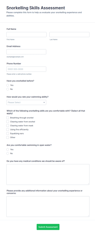 Snorkelling Skills Assessment Form Template