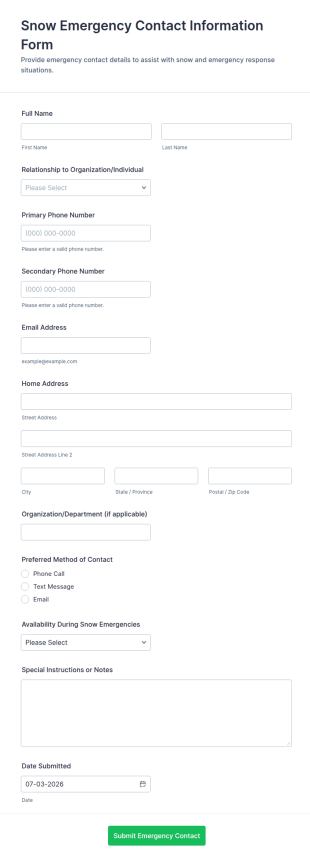 Snow Emergency Contact Information Form Template