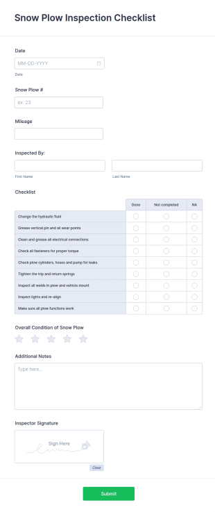 Snow Plow Inspection Checklist Form Template