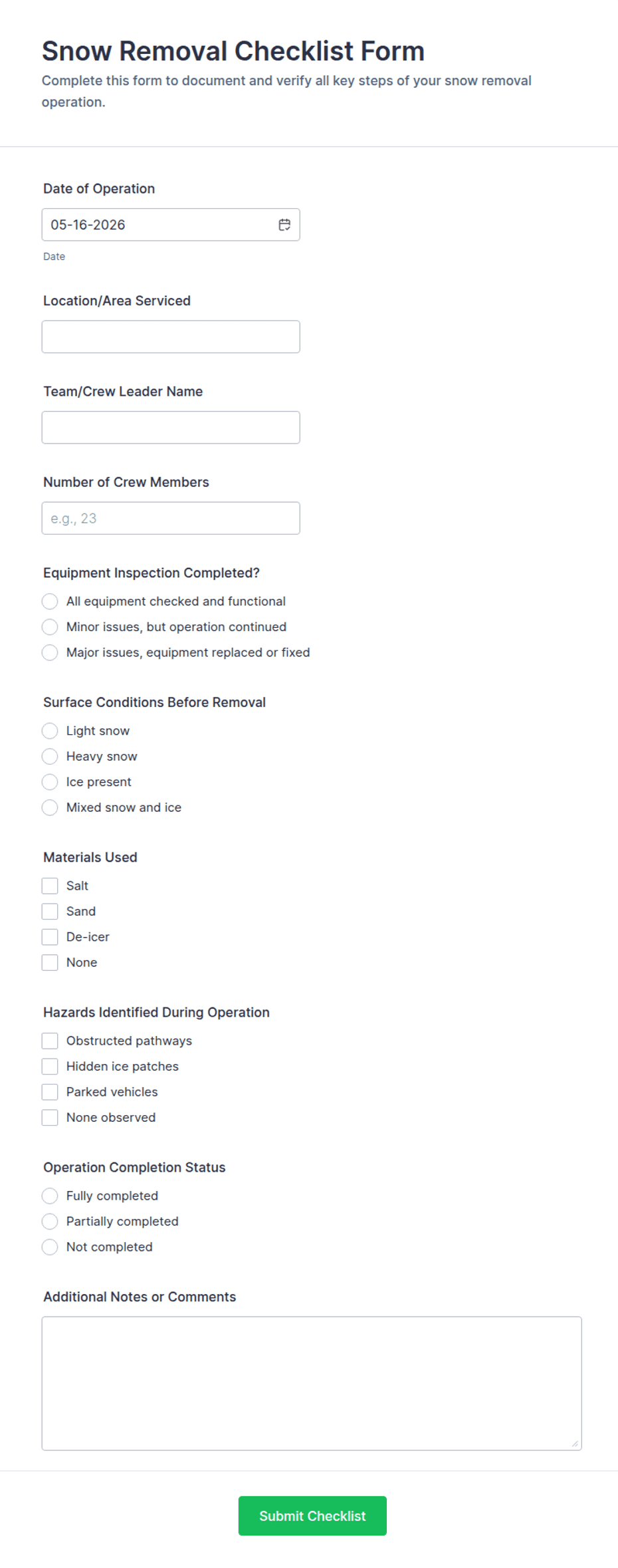 Snow Removal Checklist Form Template | Jotform