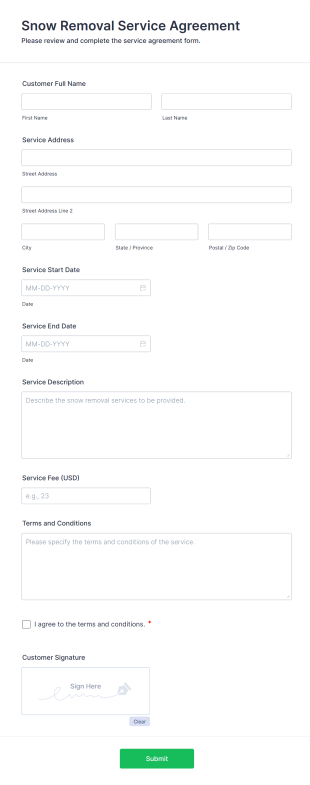 Snow Removal Service Agreement Form Template