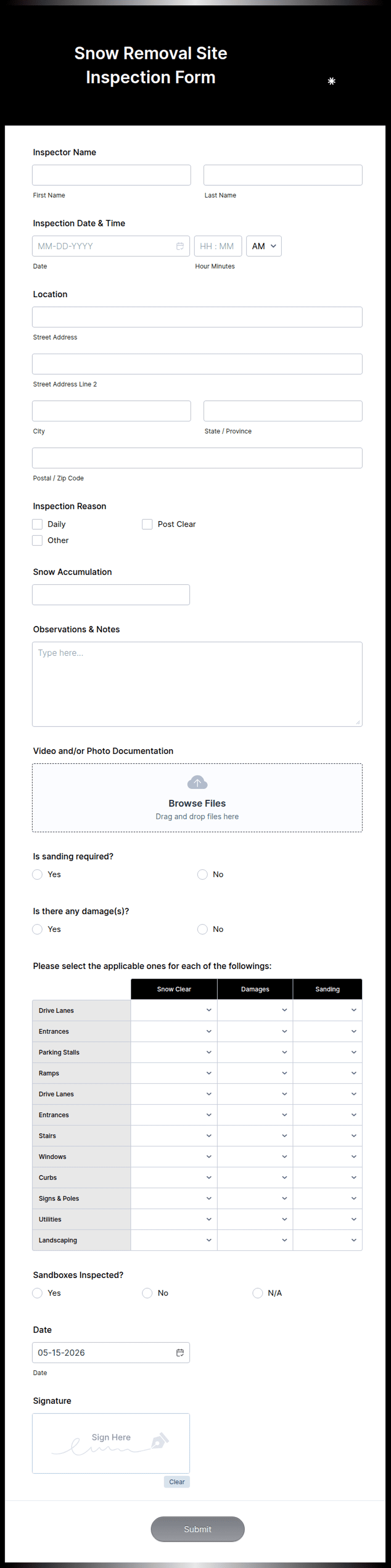 Snow Inspection Log Snow Removal Site Inspection Form Template | Jotform
