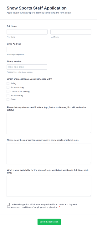 Snow Sports Staff Application Form Template